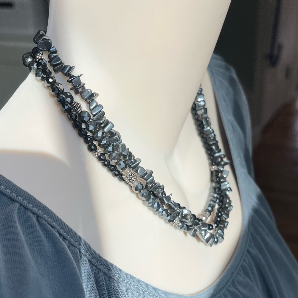 Black 3 Strand Necklace with Silver Tone Accents - Picture 12 of 16